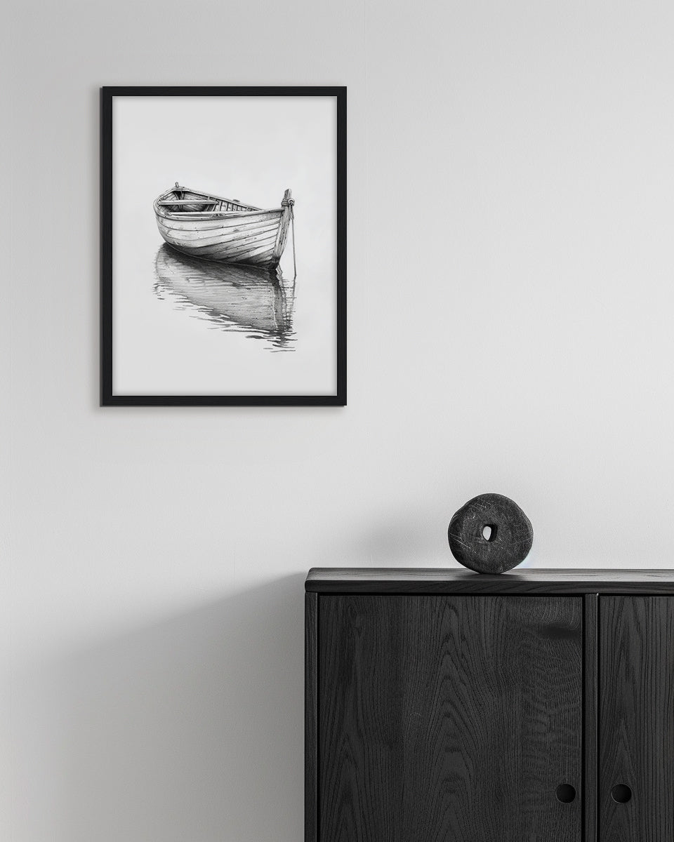 Wall art pencil drawing of a boat on water with a white background
