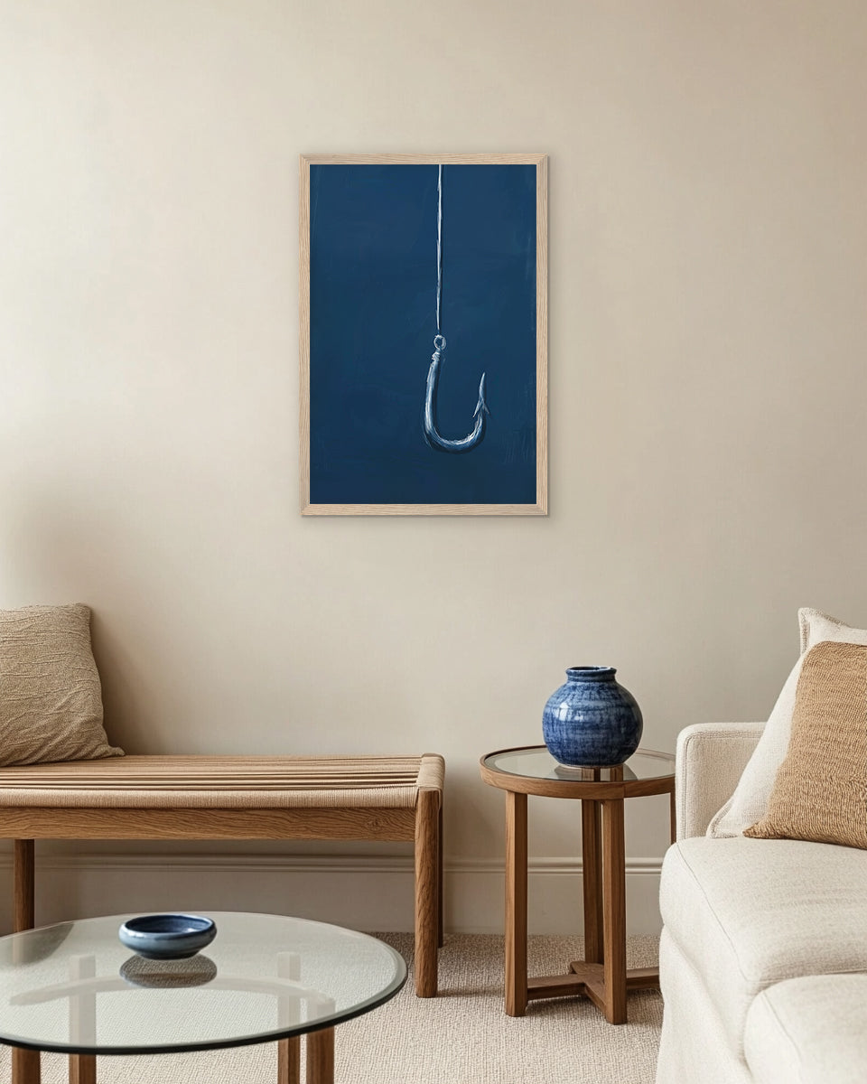 Wall art of a fishing hook on a dark blue ocean background