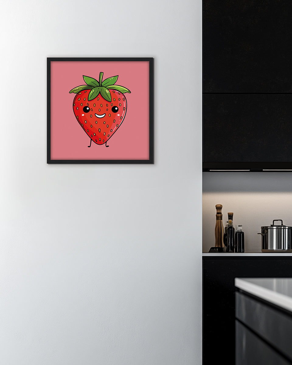 Wall art featuring a cartoon strawberry with a smiling face on a pink background