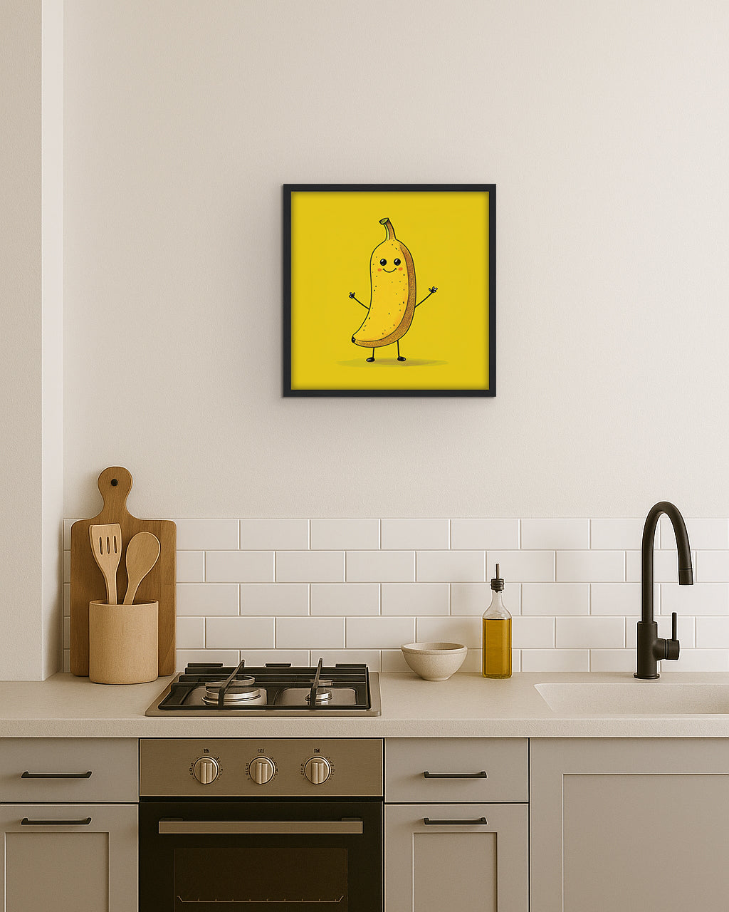 Wall art of a cartoon banana character on a yellow background