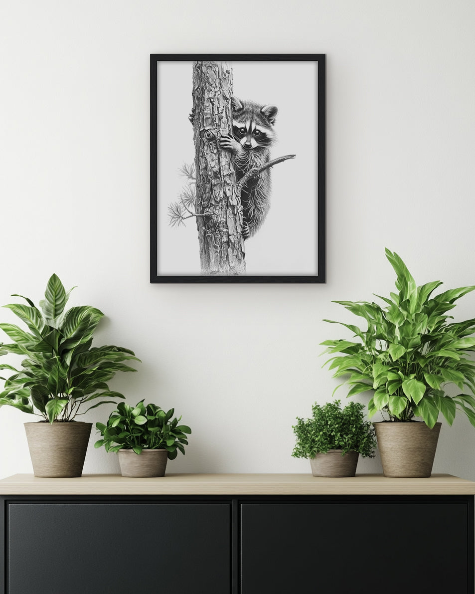 Wall art pencil drawing of a cute raccoon peeking from behind a tree trunk