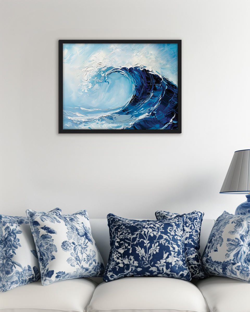 Painting of a blue sea wave with white foam on a light blue background