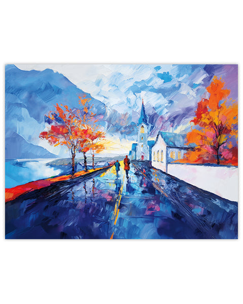 Colorful painting of an Icelandic street scene with trees and buildings
