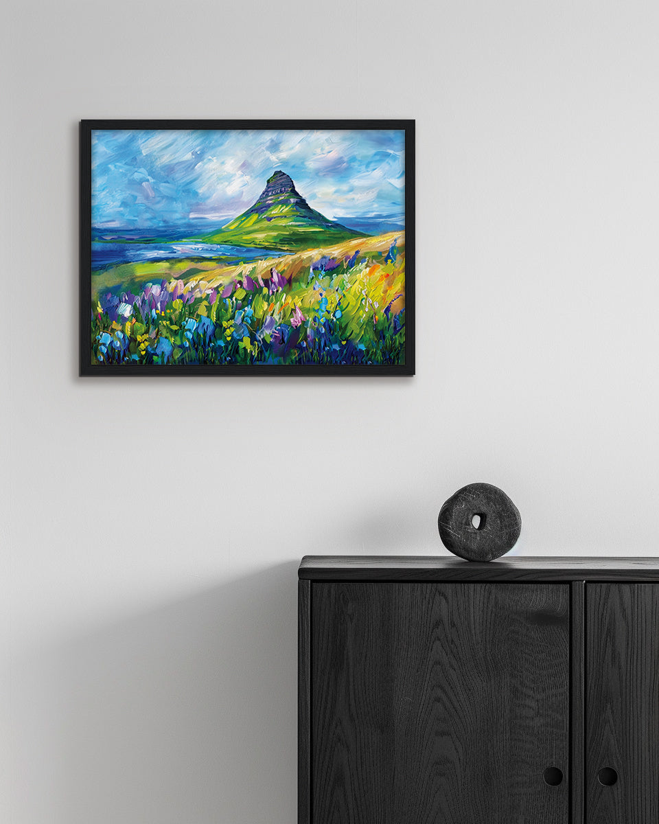 Painting of an Icelandic mountain landscape with flowers and blue sky