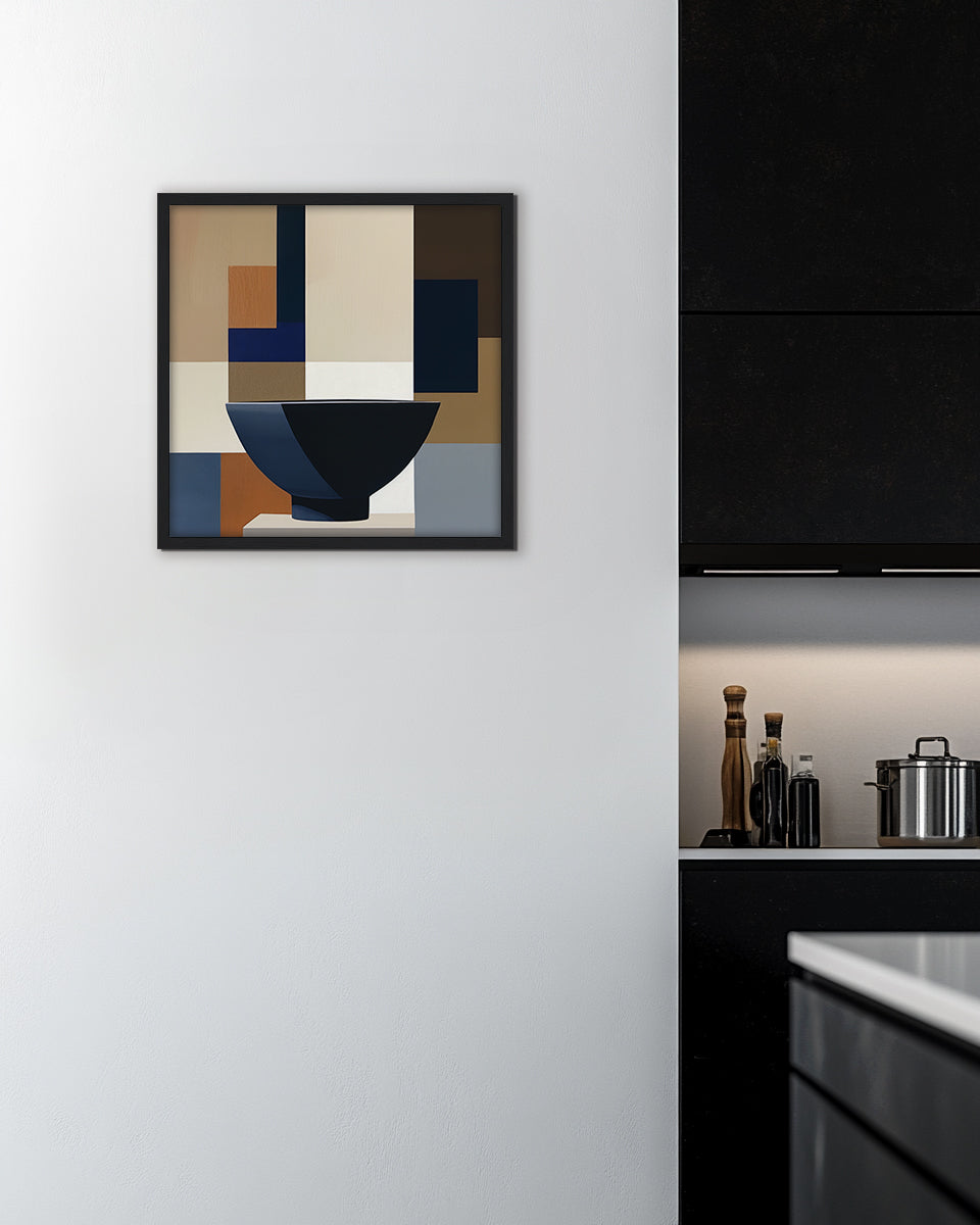 Abstract wall art piece with geometric shapes and a black ramen bowl