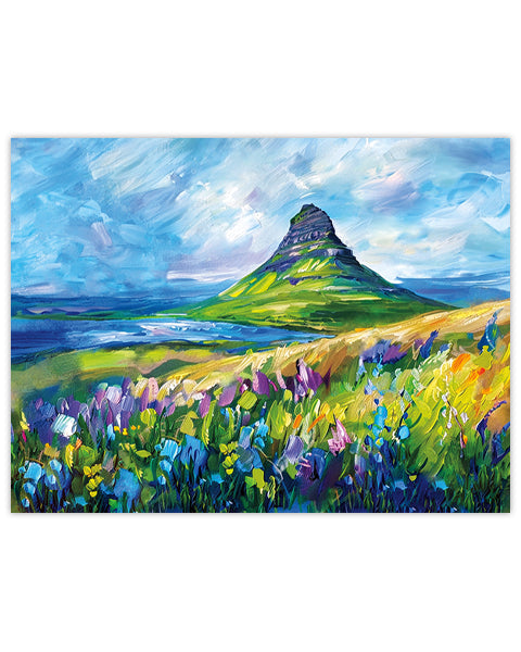 Painting of an Icelandic mountain landscape with flowers and blue sky