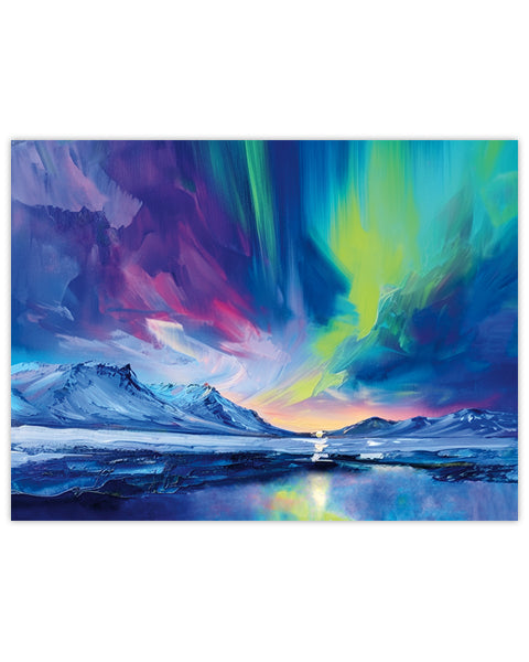 Aurora borealis over a snowy landscape with mountains and a lake in Iceland.