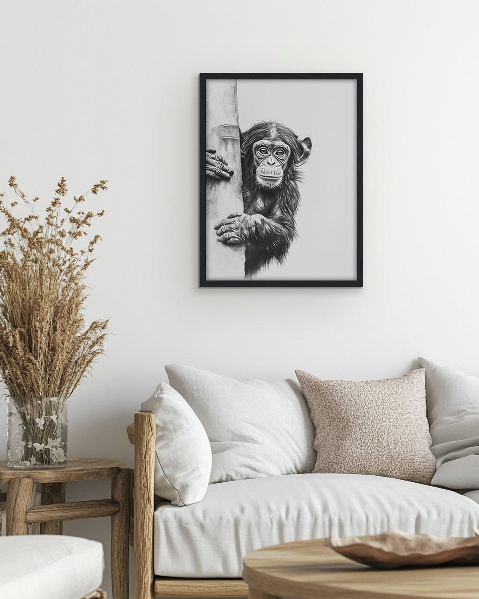 Wall art featuring a pencil drawing of a chimpanzee holding onto a tree trunk