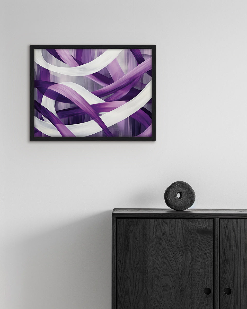 Abstract wall art with tangled purple and white ribbons