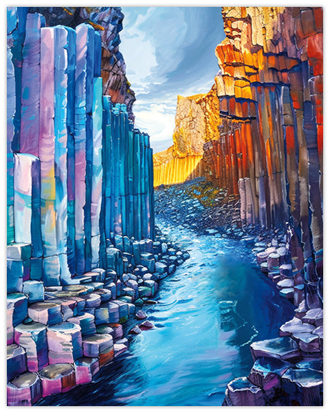 Colorful Basalt columns in Iceland with water flowing through it