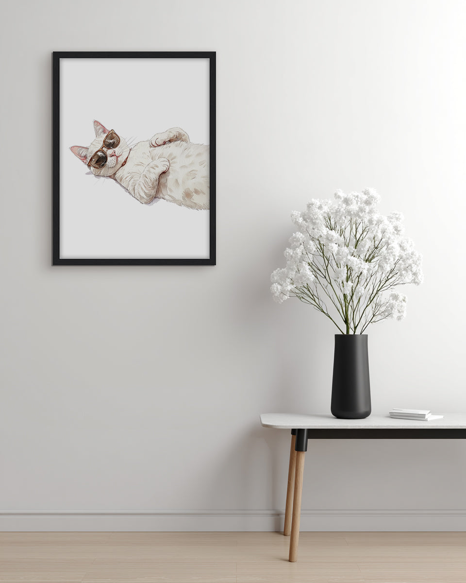 Wall art of a posh white cat wearing sunglasses on a white background