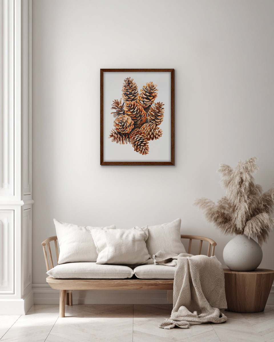 Wall art print of pinecones on a white background