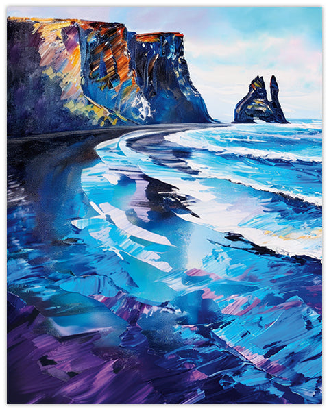 Colorful painting of a coastal scene with cliffs and waves. Black sand beach in Iceland.