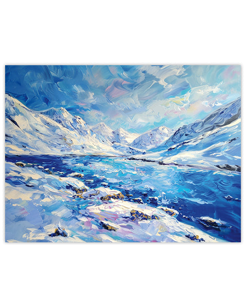 Painting of a snowy landscape with a lake and mountains in Iceland