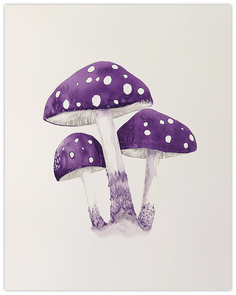 Wall art painting of purple mushrooms with white spots on a light background
