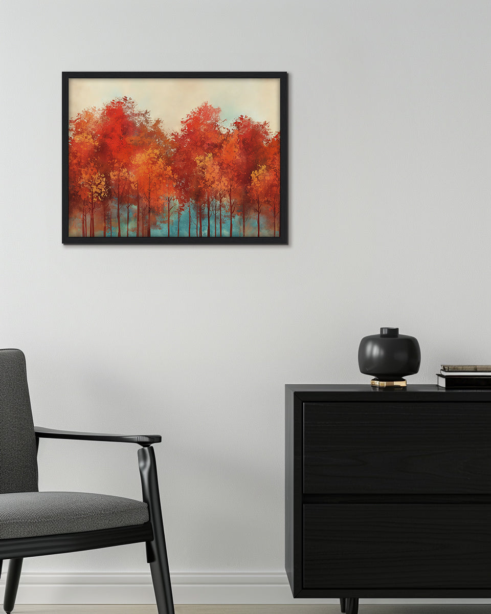 Wall art painting of autumn trees with vibrant red and orange foliage and a wash of turquoise underneath