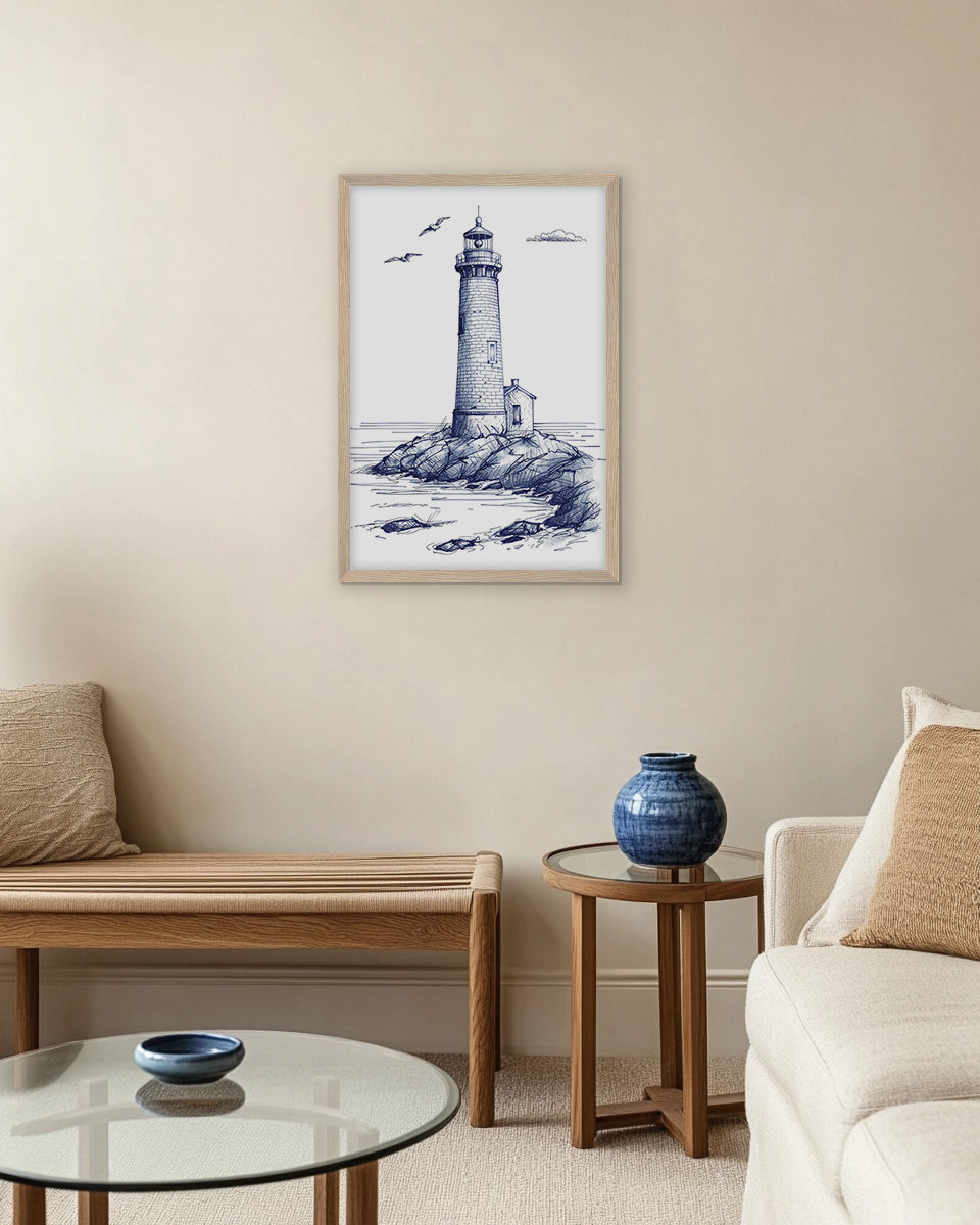 Wall art pen drawing of a lighthouse on rocks with birds and clouds