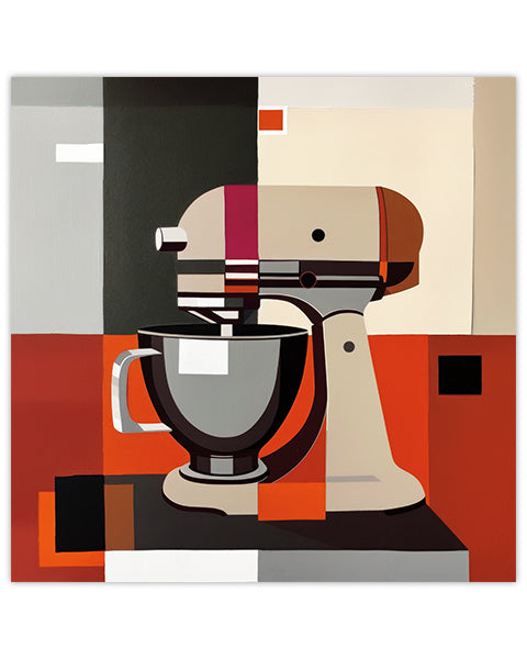 Colorful abstract wall art of a kitchen mixer on a geometric patterned background