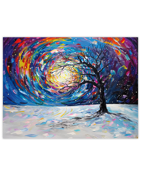 Abstract painting of a tree in winter with colorful swirling patterns in the background