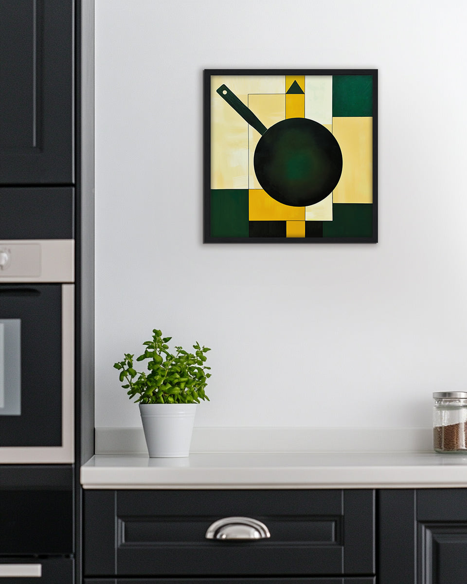 Abstract wall art art featuring a frying pan against a background with geometric shapes in green, yellow, beige, and black