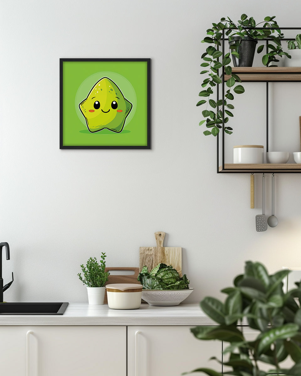 Wall art featuring a cartoon happy star fruit character on a green background