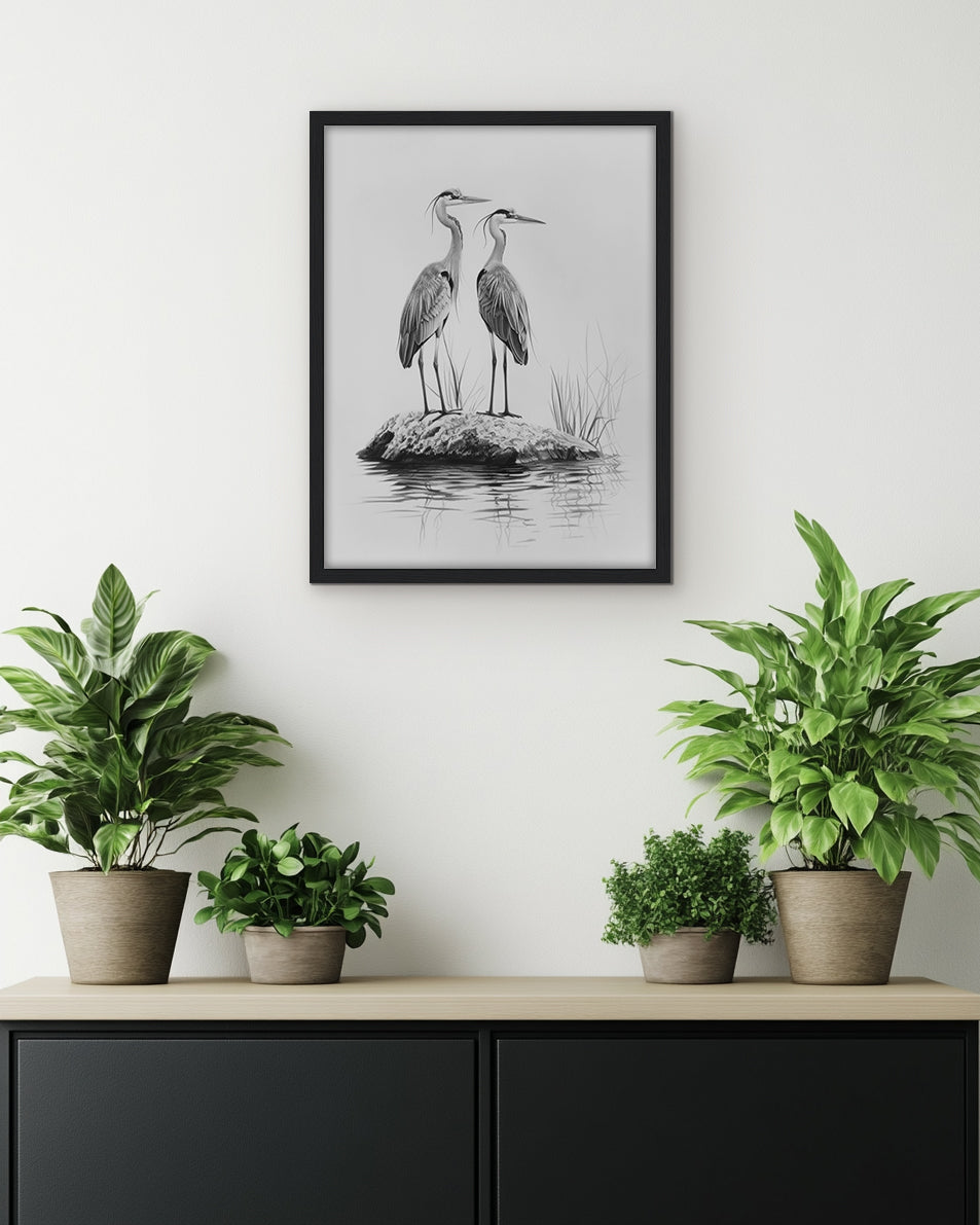 Wall art pencil drawing of two storks standing on a rock surrounded by water