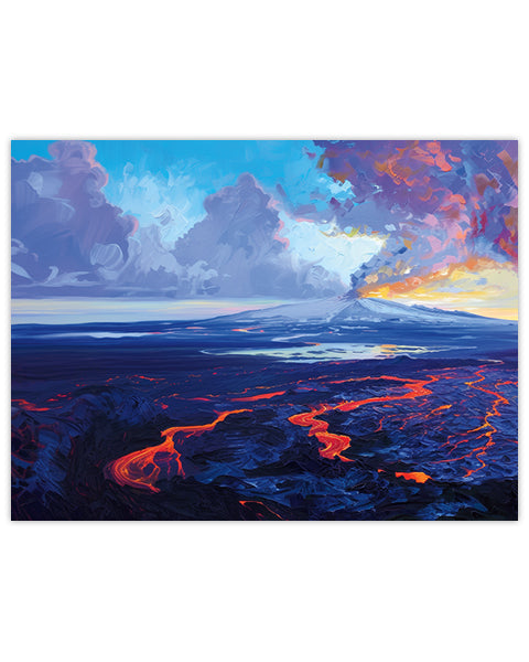 Painting of a volcanic landscape in Iceland with flowing lava and colorful sky.