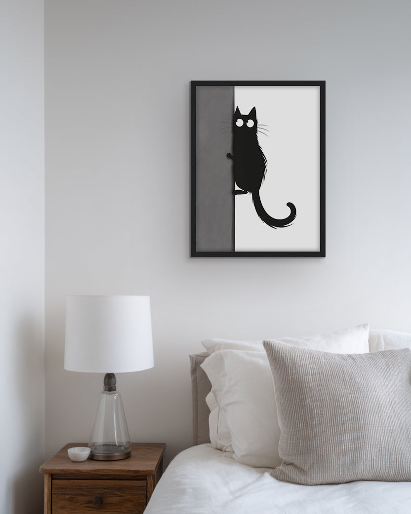 Wall art of a cartoon black cat clinging onto a wall and listening carefully for faint sounds