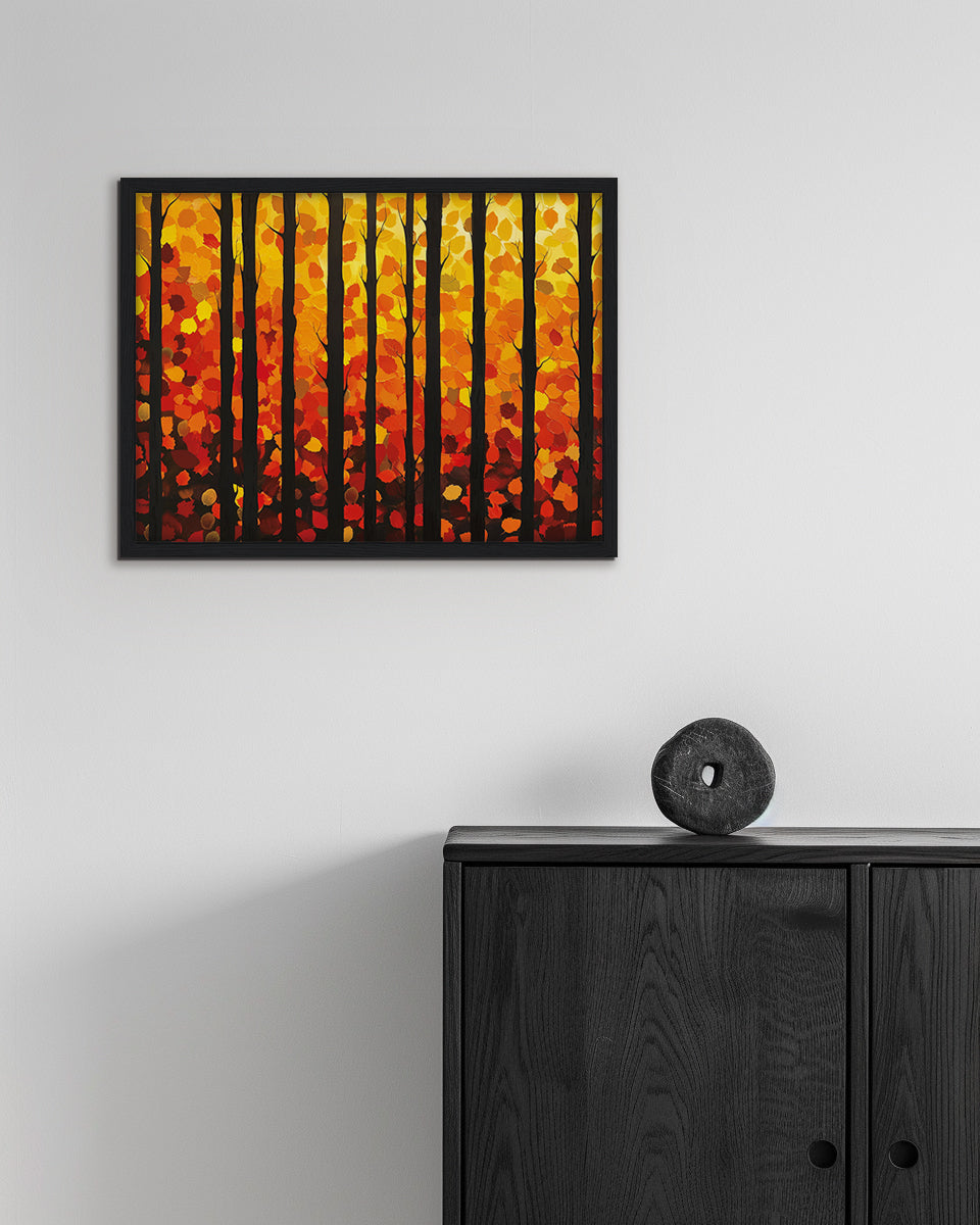 Abstract artistic depiction of autumn trees with fiery vibrant colors