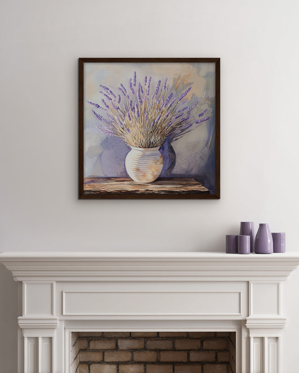 Watercolor wall art featuring a vase with lavender on a wooden table
