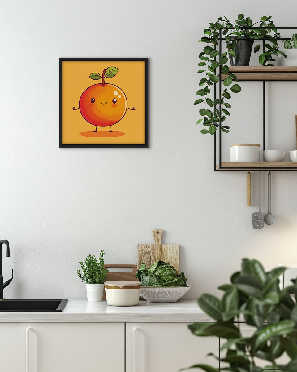 Wall art featuring a cartoon orange character with a happy expression on an orange background