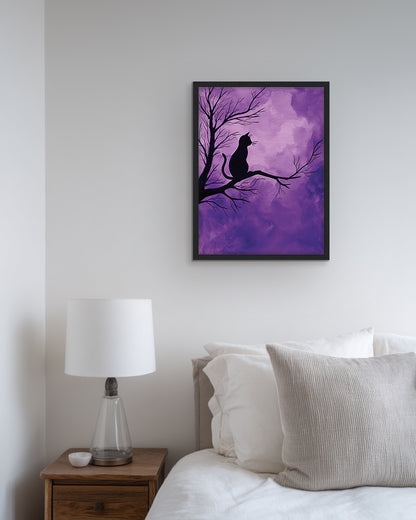 Silhouette of a cat on a leafless tree branch against a purple twilight sky