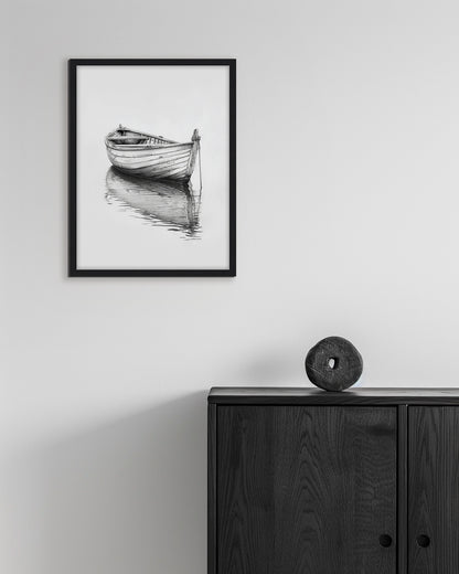 Wall art pencil drawing of a boat on water with a white background
