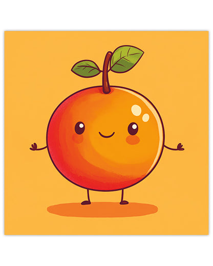 Wall art featuring a cartoon orange character with a happy expression on an orange background