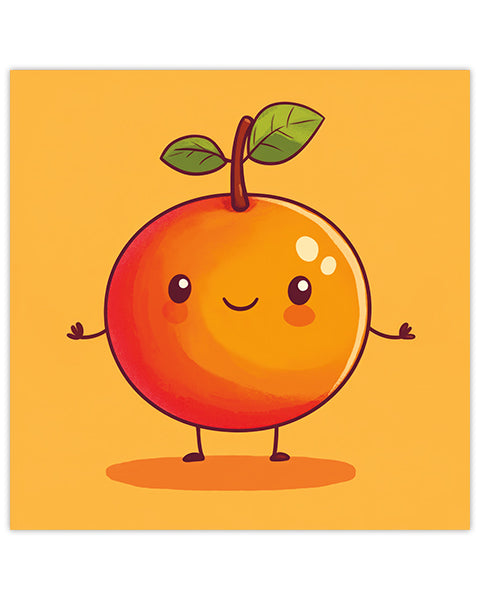 Wall art featuring a cartoon orange character with a happy expression on an orange background