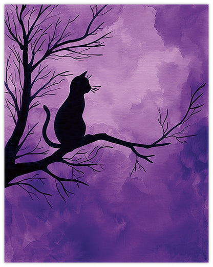 Silhouette of a cat on a leafless tree branch against a purple twilight sky
