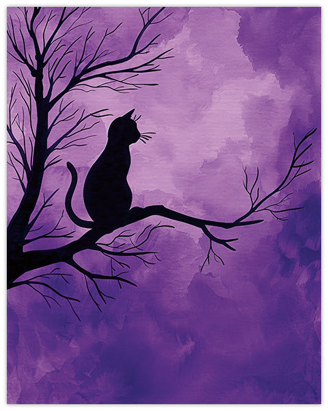 Silhouette of a cat on a leafless tree branch against a purple twilight sky