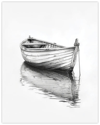 Wall art pencil drawing of a boat on water with a white background