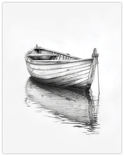 Wall art pencil drawing of a boat on water with a white background