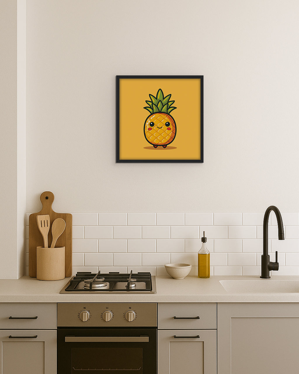 Wall art featuring a cartoon pineapple with a happy expression on a yellow background