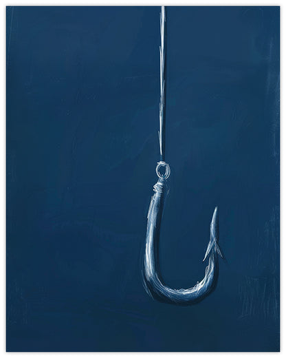 Wall art of a fishing hook on a dark blue ocean background