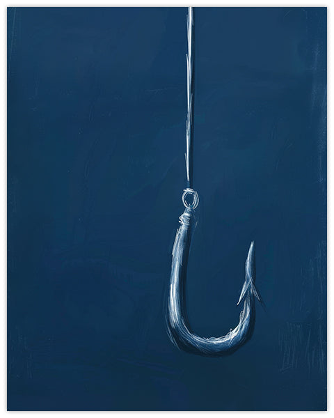 Wall art of a fishing hook on a dark blue ocean background