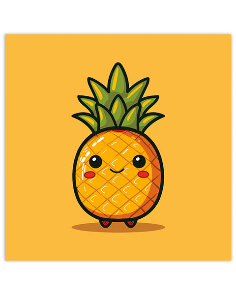 Wall art featuring a cartoon pineapple with a happy expression on a yellow background