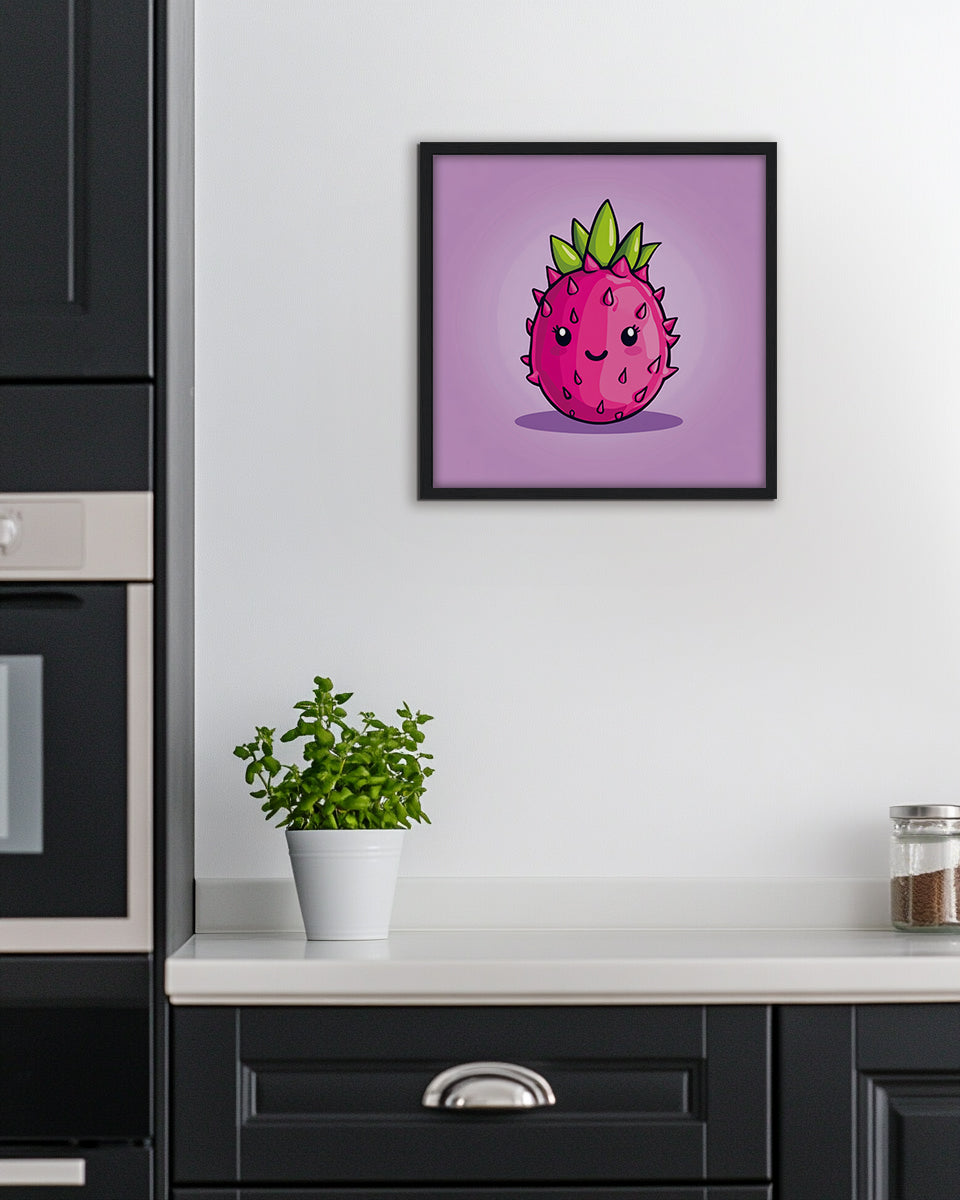 Wall art featuring a cartoon dragon fruit with a happy expression on a purple background