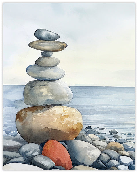 Wall art of a stack of balanced stones on a pebble beach with the ocean in the background