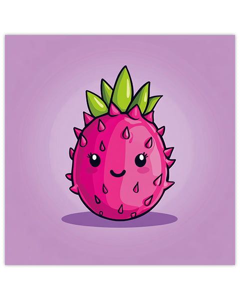 Wall art featuring a cartoon dragon fruit with a happy expression on a purple background