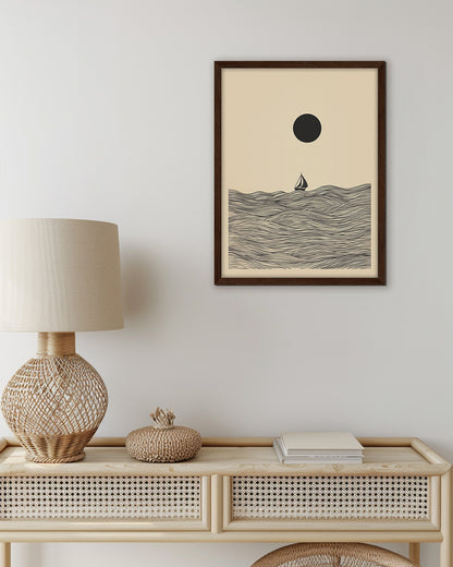 Wall art of a black and white line drawing of a sailboat on the ocean