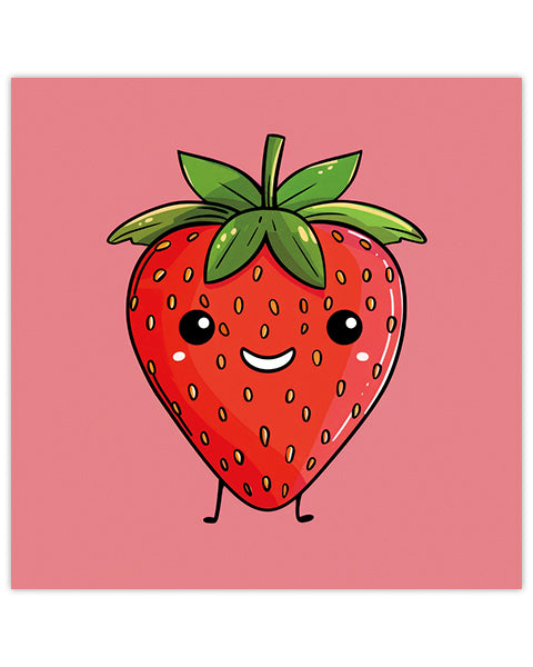 Wall art featuring a cartoon strawberry with a smiling face on a pink background