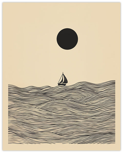 Wall art of a black and white line drawing of a sailboat on the ocean