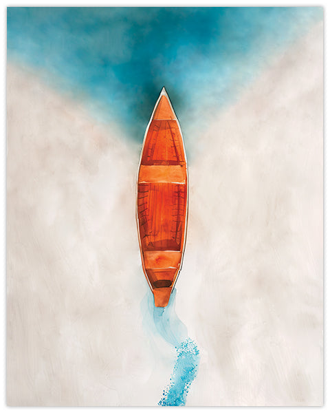 Wall art of an orange wooden boat on a beach about to enter the blue water